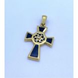 18K Gold and Blue enamel Cross Pendant, weight 4.5g