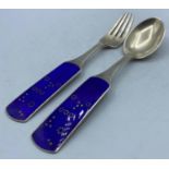Set of Danish Silver Fork and Spoon with enamel ends, weight 93g and 16cm long approx (2)