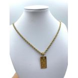 9ct yellow gold ingot pendant with full hallmark on the back, set in 9ct gold chain 70cm long, total