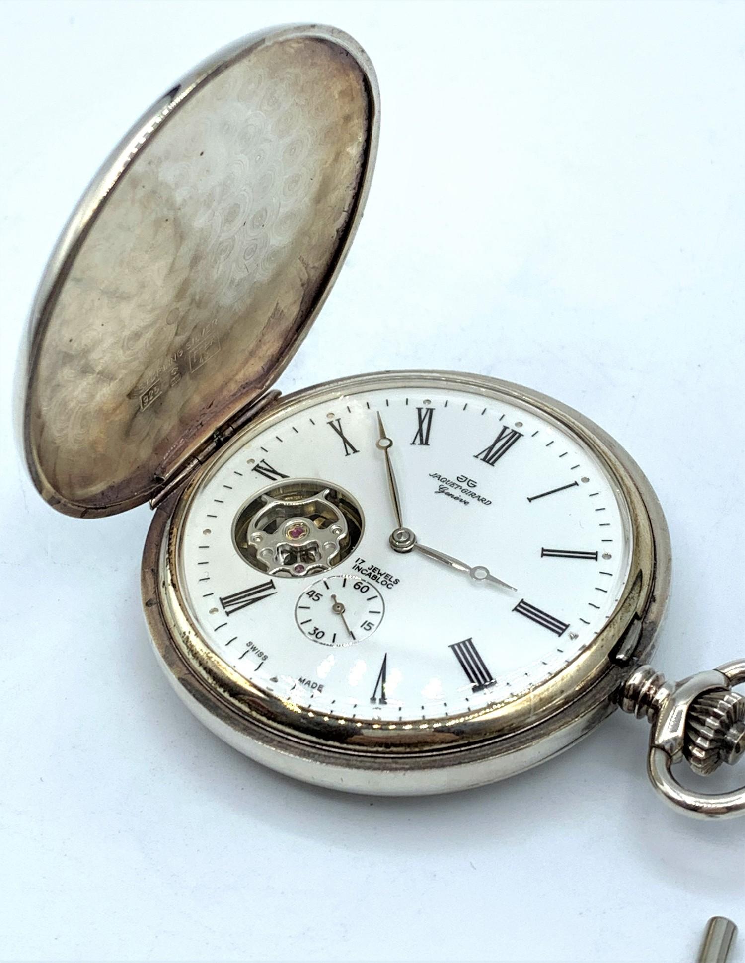 Jaquet Girard Geneve Silver Hunter Pocket Watch with Chains, 17 Jewels Incabloc in working order. - Image 9 of 9