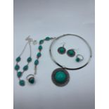 Turquoise Necklace, Bracelet, Earrings and Ring set stamped 925 and another Turquoise necklace,