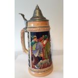Large Vintage hand painted Beerstein by Gerz, Tavern Scene in relief, 28cm tall with hinged lid,