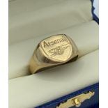 9CT Yellow Gold Signet Ring with Arsenal Logo, size Y/Z and weight 6.3g