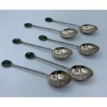 Set of 6x Silver Coffee Spoons with Jade ends, weight 50g and 12cm long approx (6)