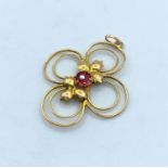 9CT Yellow Gold Vintage Pendant with red stone centre, 3cm long and weight 1.5g approx