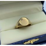 9CT Yellow Gold Signet Ring with Initial K and small Diamond at the corner, size P and weight 4.5g