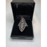 Silver Marcasite Stone set ring, Lozenge Shape having 3 Amethysts to centre, 925 stamp inside