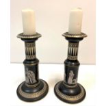 Pair of 'Old Greek style' Candlesticks made by Ritchie & Co of Stoke on Trent, decorated with