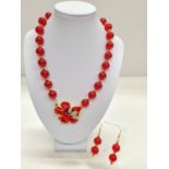 Large Beaded Red Jade (colour enhanced) Necklace (48cm long) and Earrings set, weight 124g