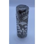 1882 Silver Scent Bottle with Bird and Woodland setting engraved, weight 34g and 6cm tall approx