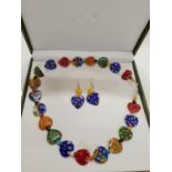 A Vintage Venetian Millefiori Necklace (48cm long) and Earrings set in presentation box