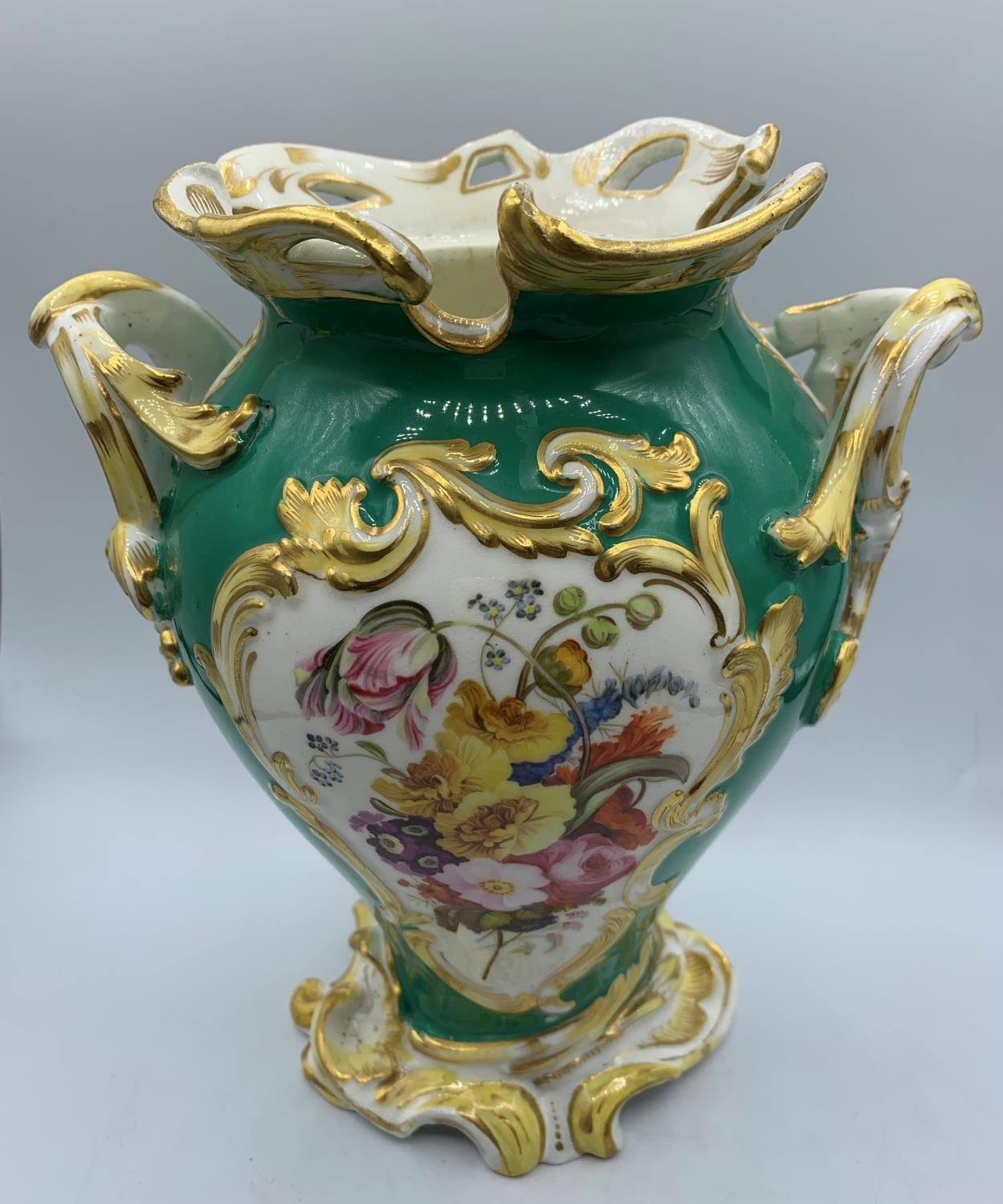 Green Baroque style Vase with Floral print and handles, circa 1880, 23cm tall - Image 2 of 7