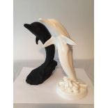 Pair of black and white Porcelain Dolphins, White dolphin Named The Leap by Royal Doulton, black one