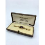 Antique 15ct Gold Bar Brooch with Amethyst and Seed Pearls in vintage Box 3.7g, 5.5cm