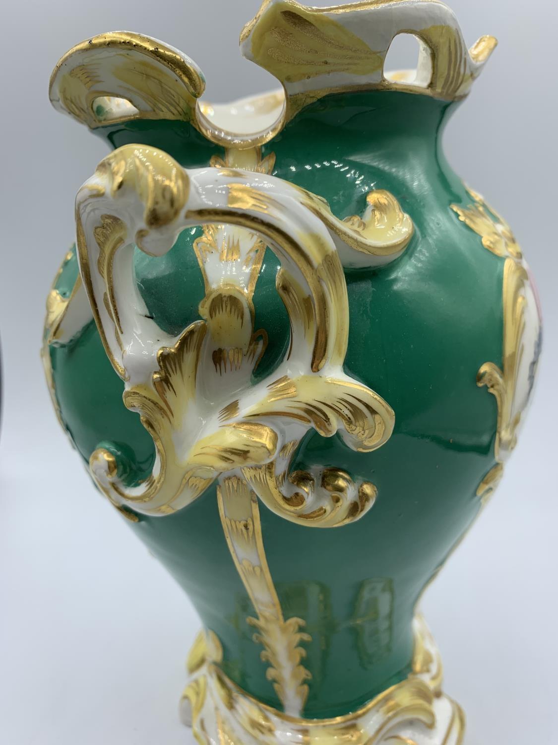 Green Baroque style Vase with Floral print and handles, circa 1880, 23cm tall - Image 3 of 7