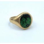 Vintage 9K Yellow Gold Mens Ring with Green stone centre, size N1/2 and weight 5.5g approx