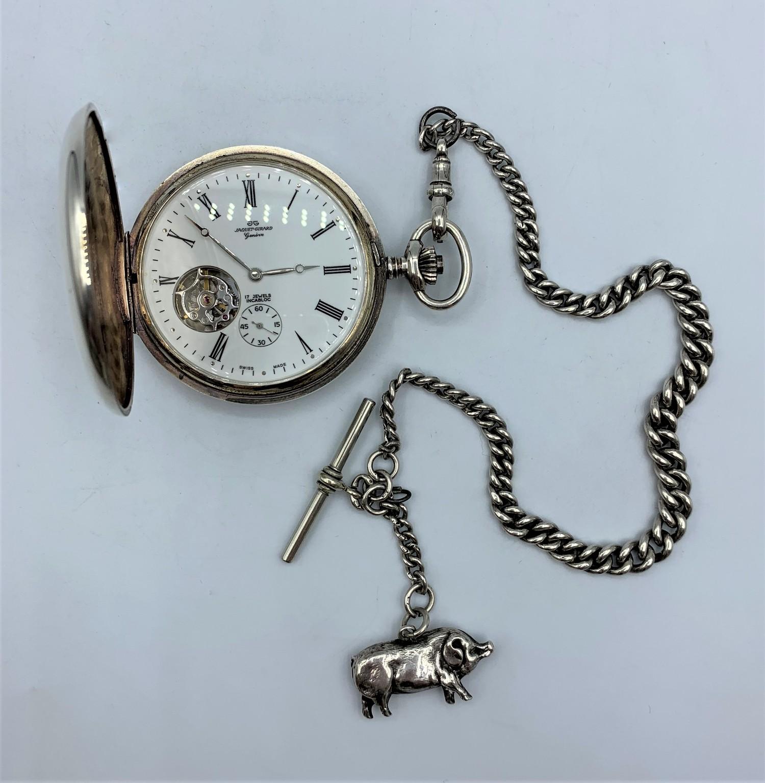 Jaquet Girard Geneve Silver Hunter Pocket Watch with Chains, 17 Jewels Incabloc in working order.