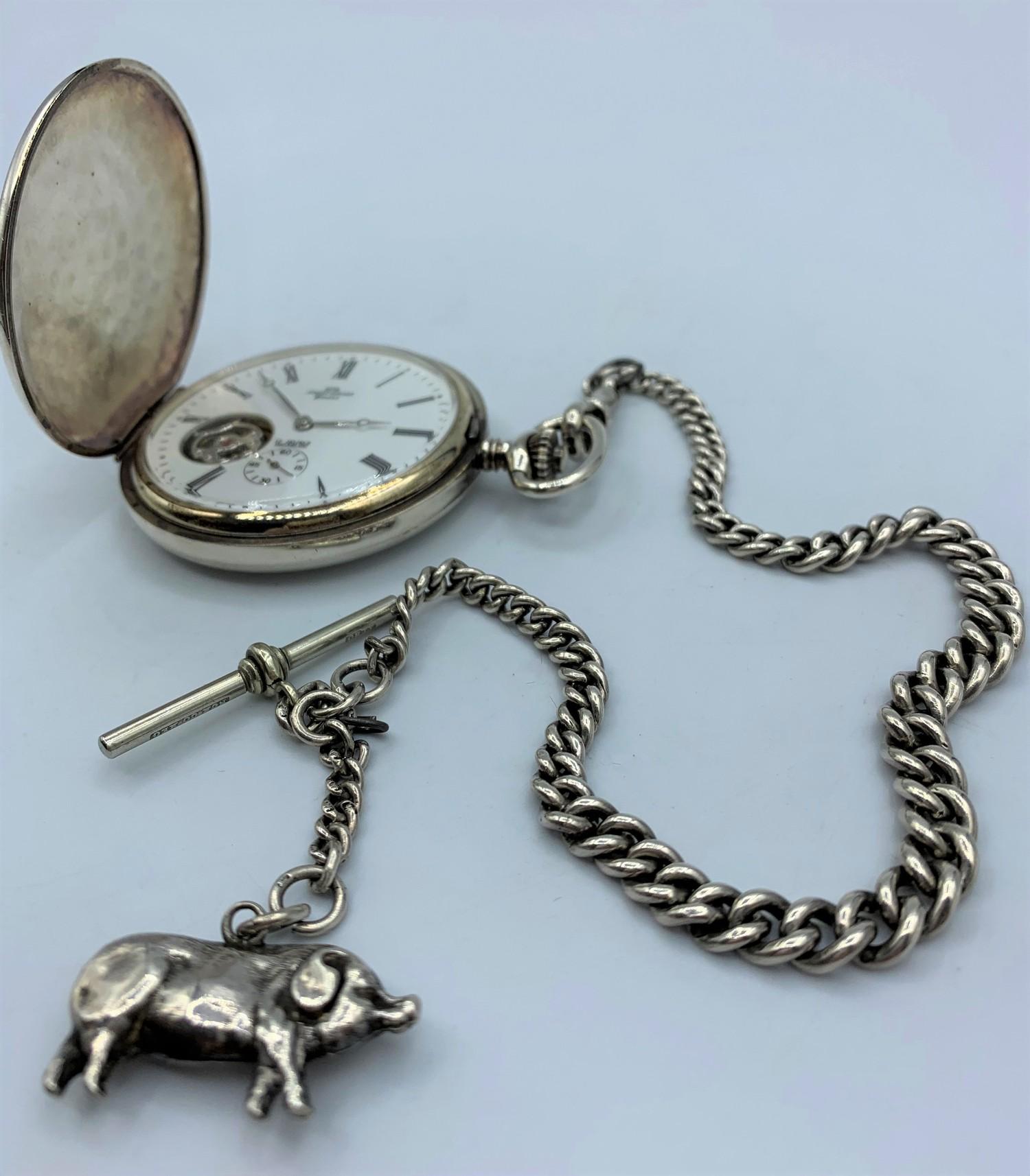 Jaquet Girard Geneve Silver Hunter Pocket Watch with Chains, 17 Jewels Incabloc in working order. - Image 7 of 9