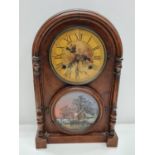 Antique Beehive round arch Walnut cased Clock, with decorative face and watermill scene 28x43x13cm