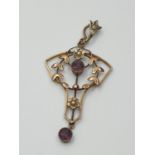 9ct Gold Edwardian Seed Pearl and Amethyst Pendant, weight 1.6g and 4.5cm long approx