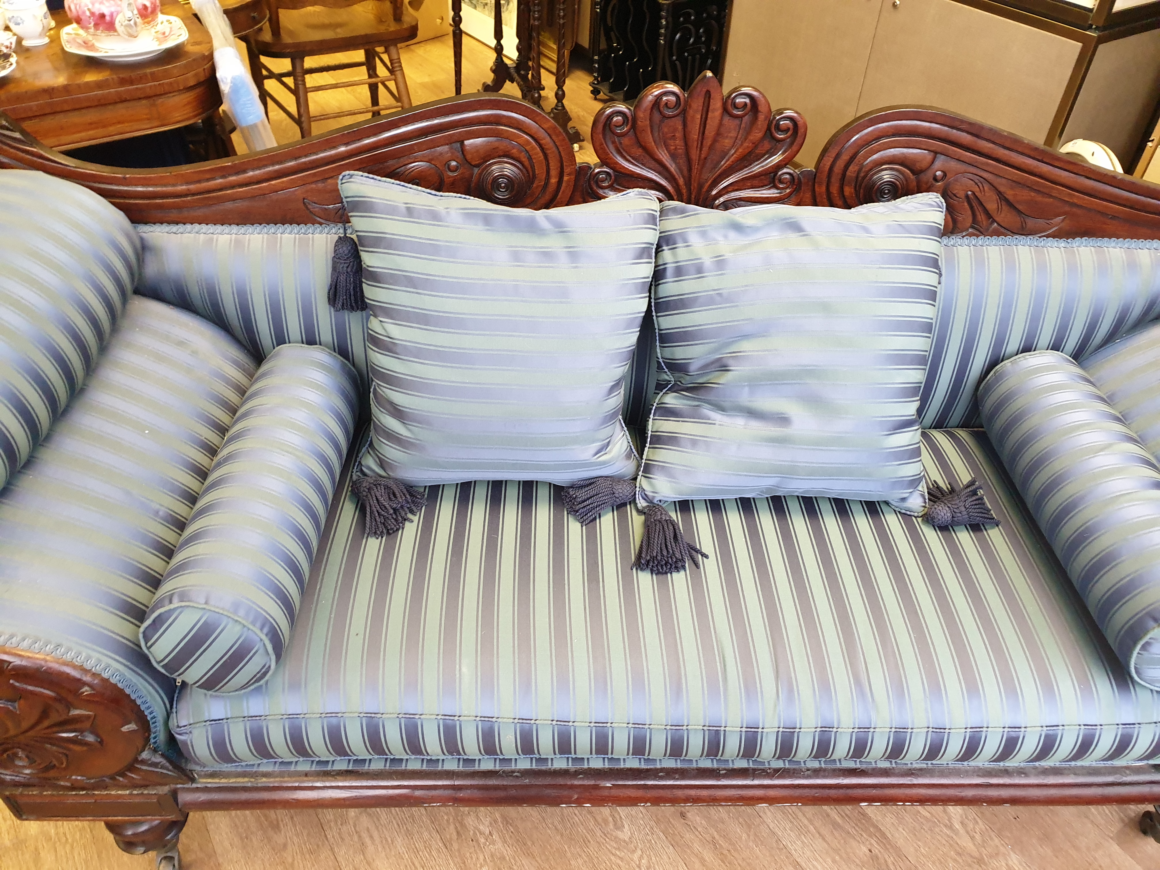 Victorian Handmade Sofa on Casters, been sympathetically restored with a blue satin stripe finish, - Image 12 of 16