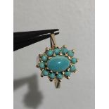 9K Yellow Gold Turquoise Cluster Ring, weight 2.2g and size P (ECN688)