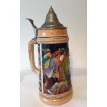 Large Vintage hand painted Beer stein by Gerz, Tavern Scene in relief, 28cm tall with hinged lid,