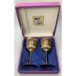 Pair of Chinese painted Porcelain Goblets on metal stems in presentation box, 15cm tall (2)