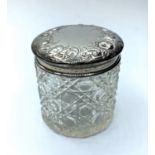 Antique Silver topped Powder Pot/jar, cut glass pot with a silver lid, hallmarked for Chester