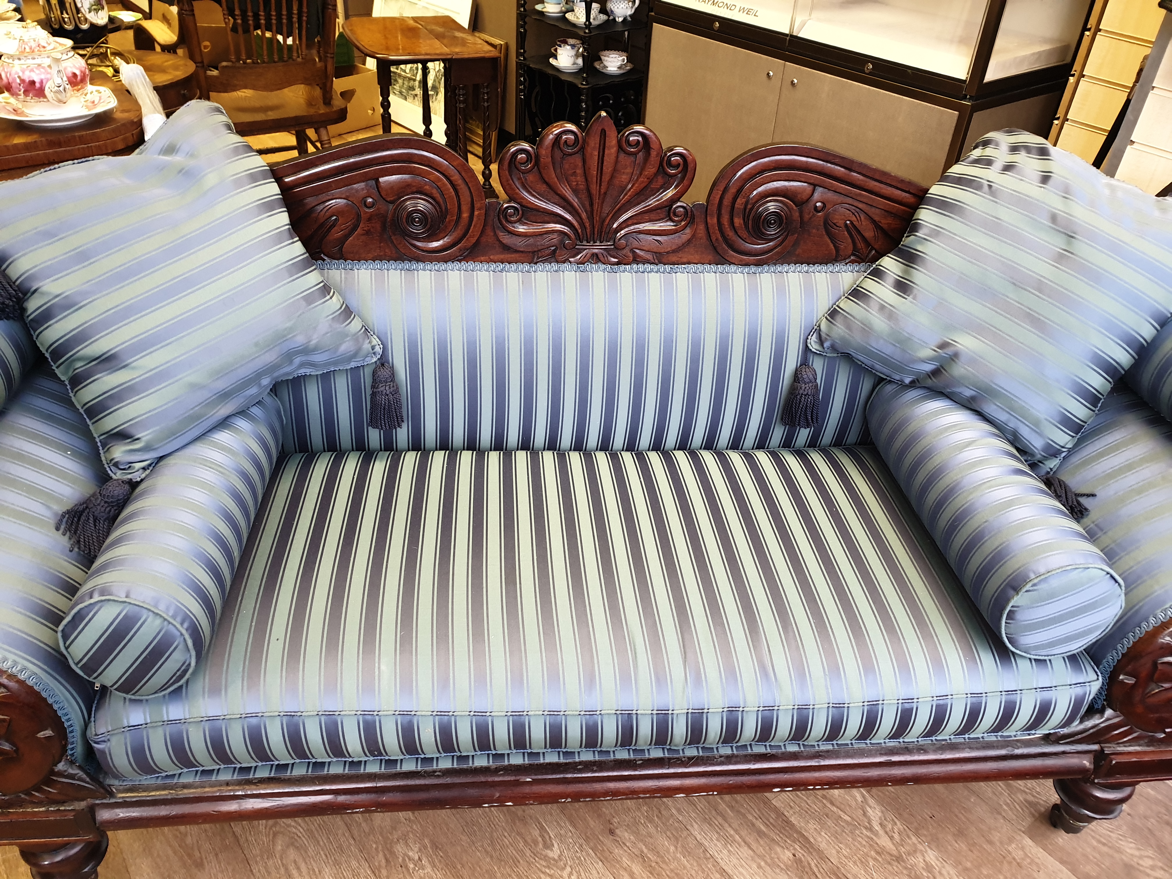 Victorian Handmade Sofa on Casters, been sympathetically restored with a blue satin stripe finish, - Image 11 of 16