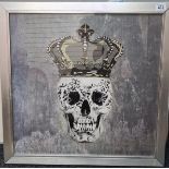 Unusual Framed Picture of a skull wearing a crown with raised features, 58x58cm