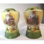 Pair of Antique Porcelain Victorian Vases, having unusual pierced tops for stem arrangements, 14.5cm