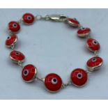 Silver Mati Nazar Bracelet with Red Stones, 19cm long and marked 925