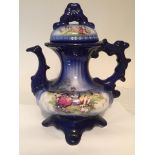 Staffordshire Pottery Teapot in Royal Blue, having illustration to both sides of pot and lid