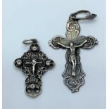 2x Silver Russian Crucifix, 45mm and 30mm long approx, weight total 6g (2)