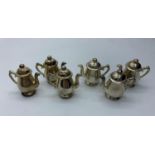 6x miniature coffee pots in silver plate standing, 4cm tall and weight 385g (6)