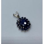 Silver stone set Pendant having a large blue centre stone with a 14 sapphire surround, clear marking