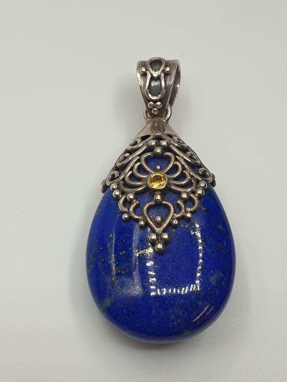 Silver and Sodalite Pendant having a large Pear shaped Royal blue Sodalite stone in a typical Indian