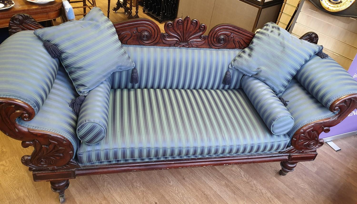 Victorian Handmade Sofa on Casters, been sympathetically restored with a blue satin stripe finish,