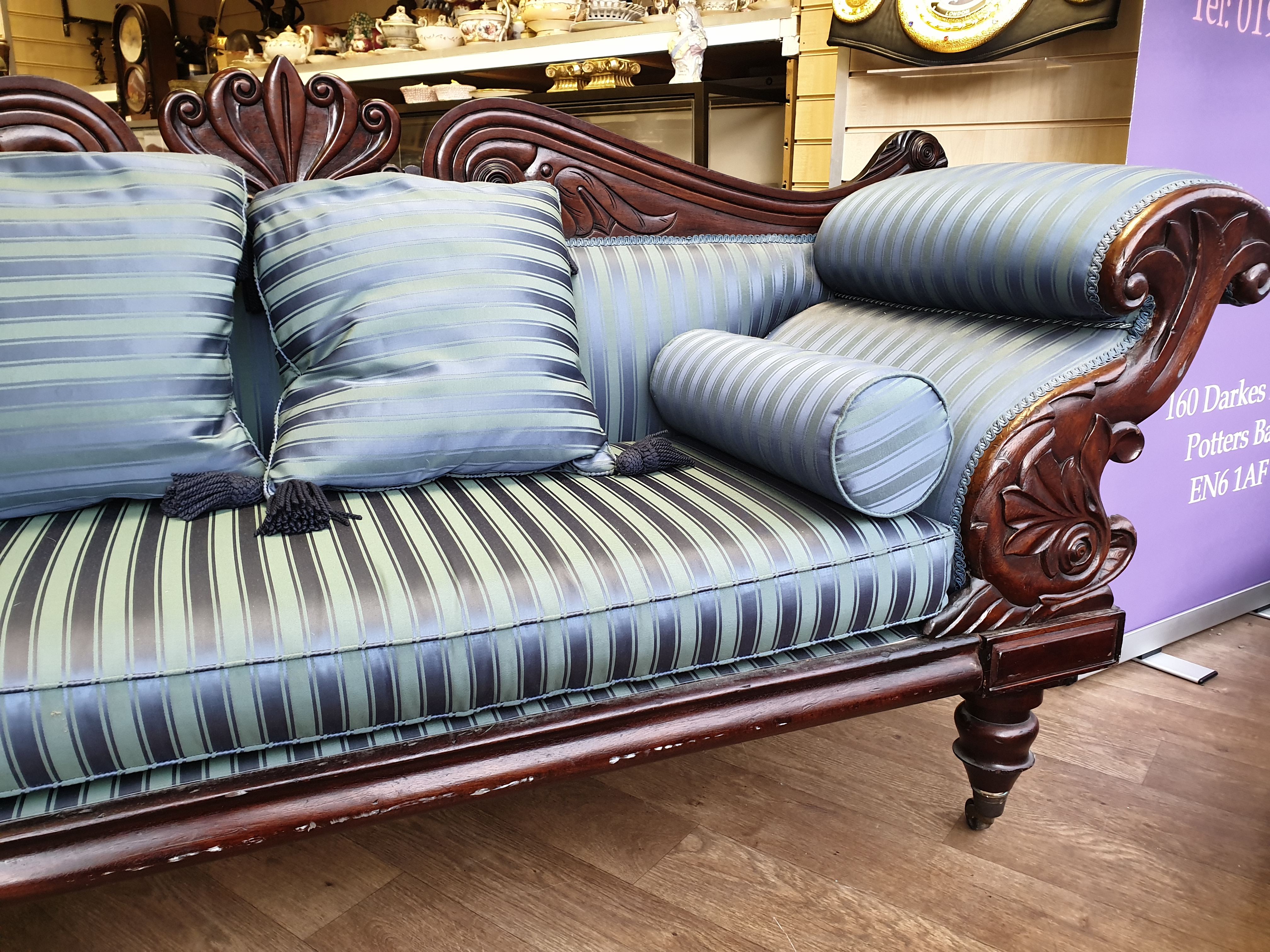 Victorian Handmade Sofa on Casters, been sympathetically restored with a blue satin stripe finish, - Image 16 of 16