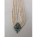 4 rows Necklace with Freshwater Pearls, Rubies and Topaz Clasp, 20" long approx (ecn671)