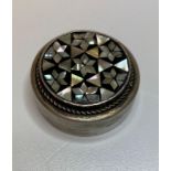 Vintage Silver Pill Box with Inlaid Mother of Pearl Design Feature to lid, Mosaic Pattern