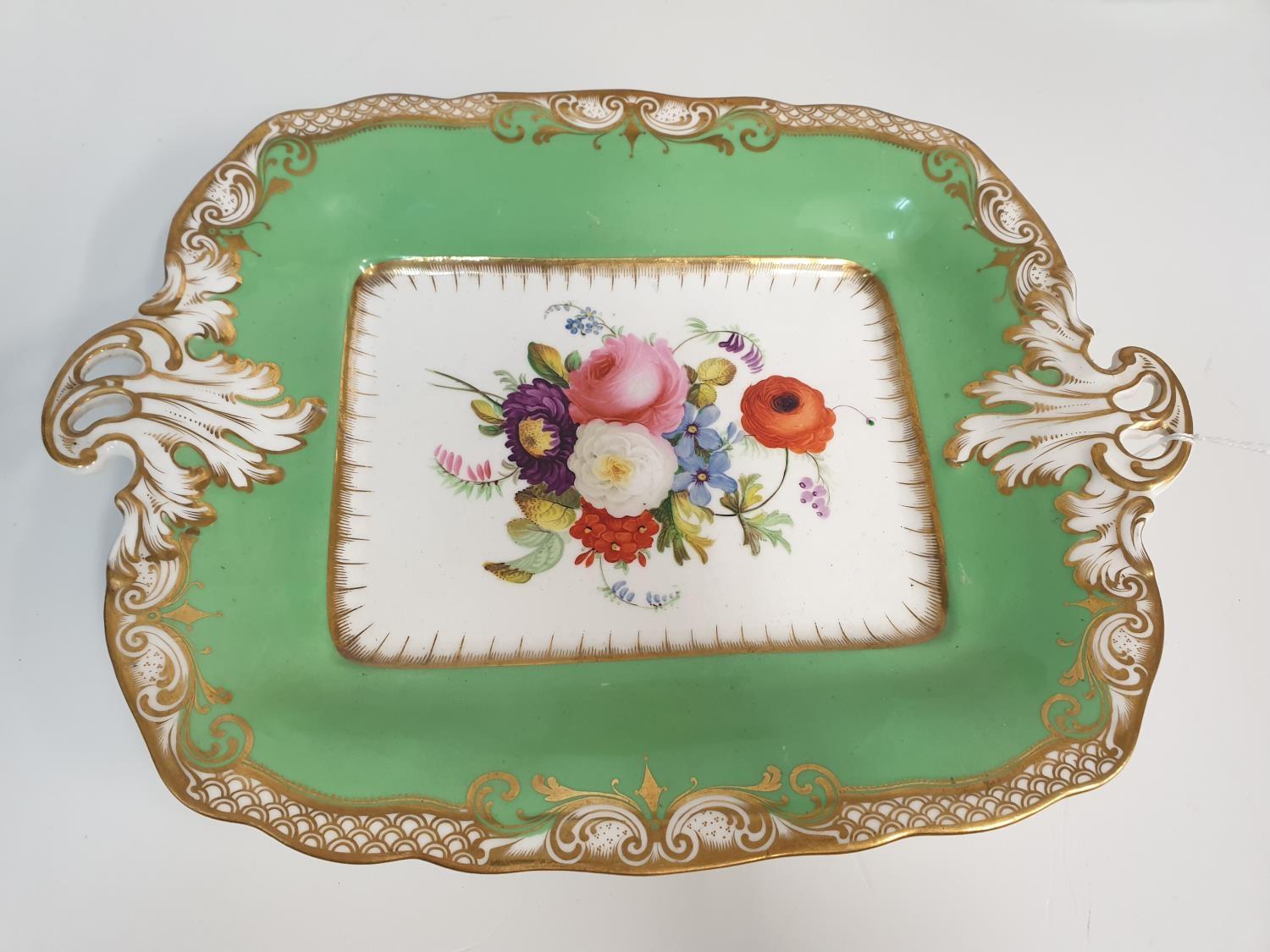 H&R Daniel Rococo scroll shaped Dish in green with floral centre, 29x22cm