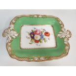 H&R Daniel Rococo scroll shaped Dish in green with floral centre, 29x22cm