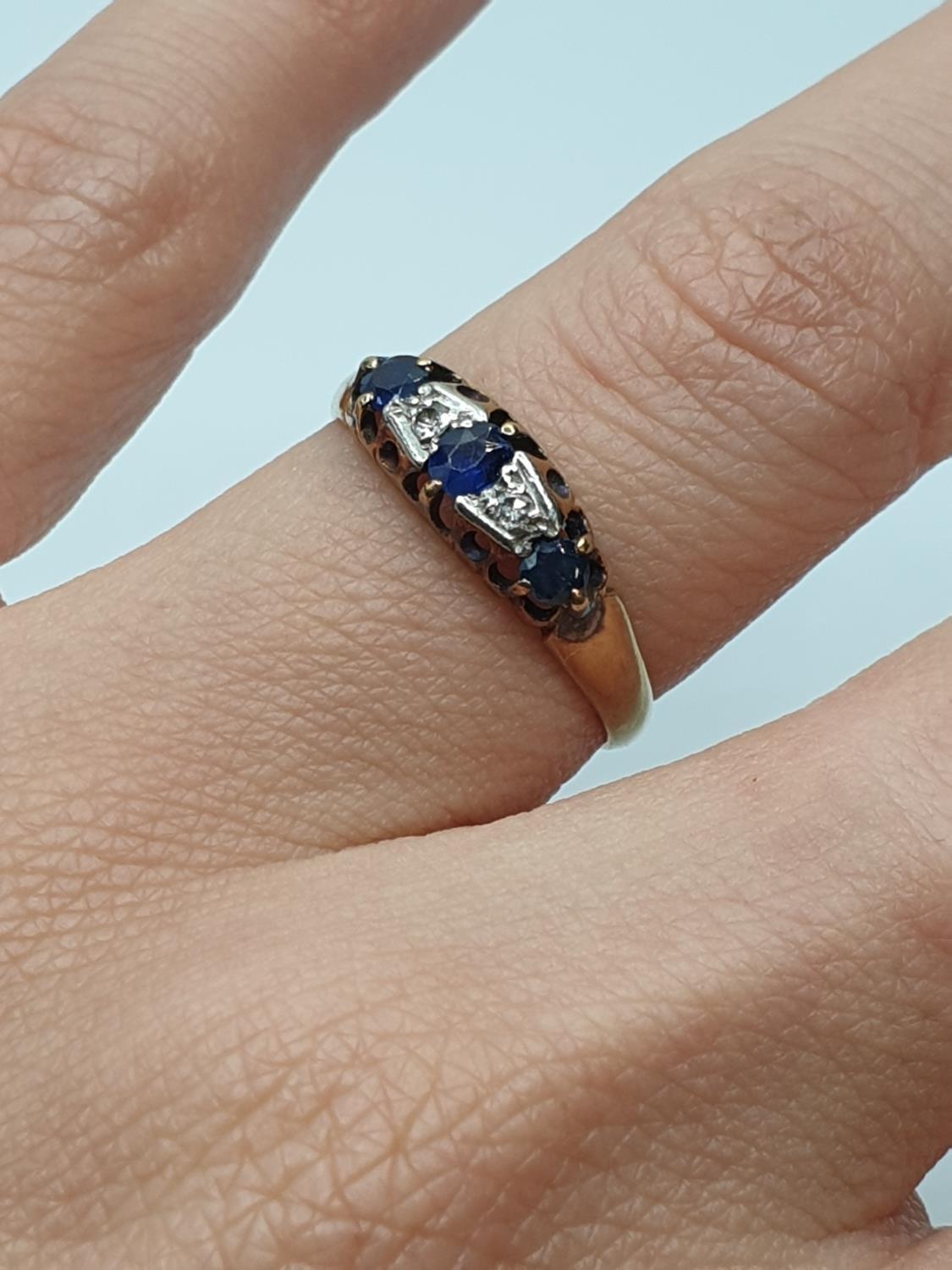 Antique 18ct Yellow Gold Diamond and Sapphire Ring, platinum mount, size M/N and weight 2g approx - Image 3 of 3