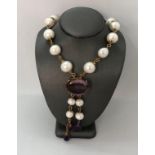 Freshwater Pearls and Amethyst Necklace with gold plated silver clasp, 17" long approx (ecn668)
