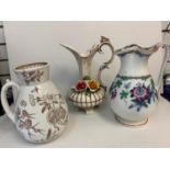 Selection of 3x large jugs (1 Japanese, 1 Capodimonte and a passion flower), 29cm 36cm and 32cm