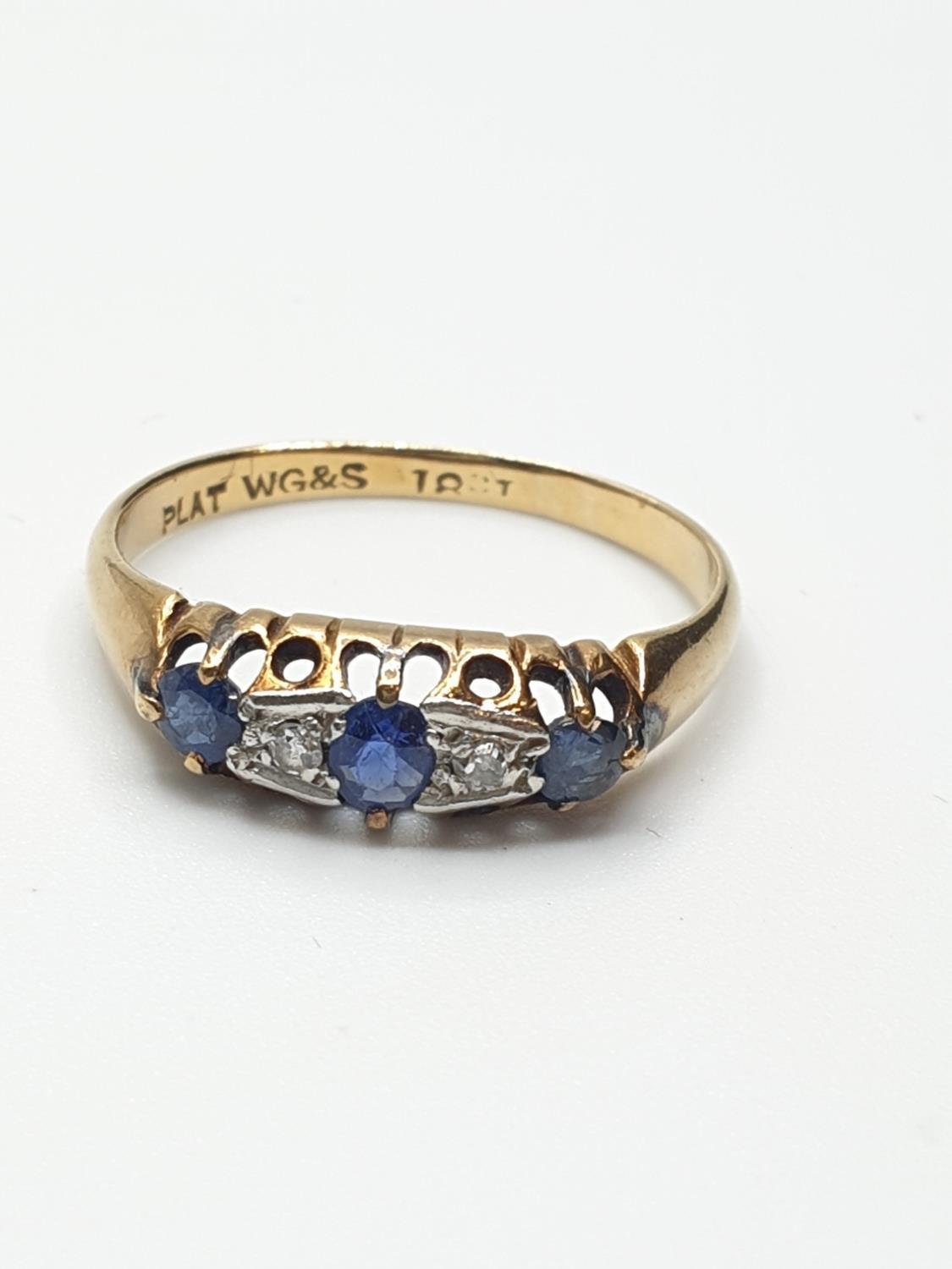 Antique 18ct Yellow Gold Diamond and Sapphire Ring, platinum mount, size M/N and weight 2g approx