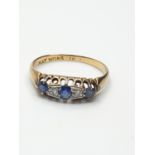 Antique 18ct Yellow Gold Diamond and Sapphire Ring, platinum mount, size M/N and weight 2g approx