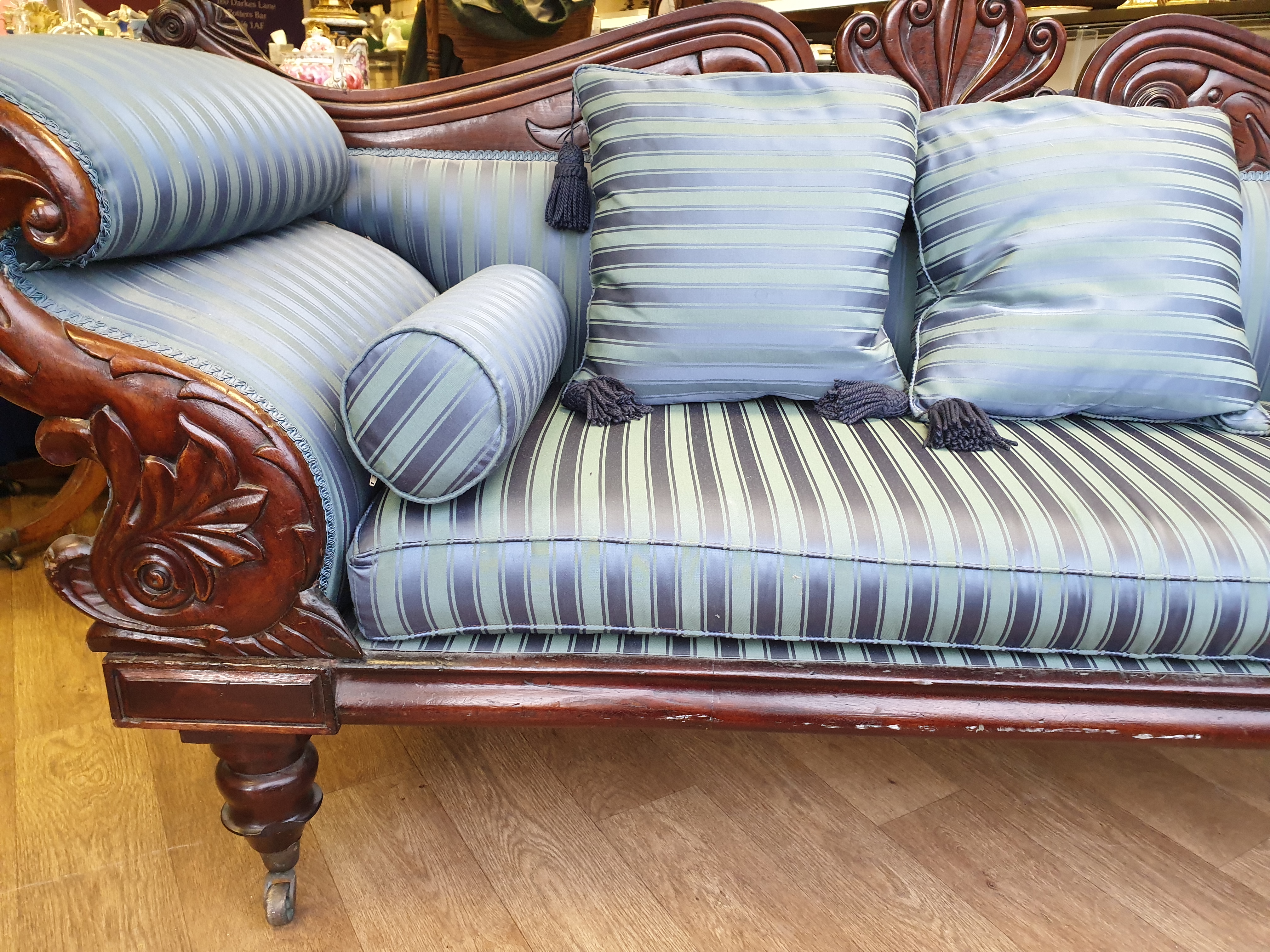 Victorian Handmade Sofa on Casters, been sympathetically restored with a blue satin stripe finish, - Image 15 of 16